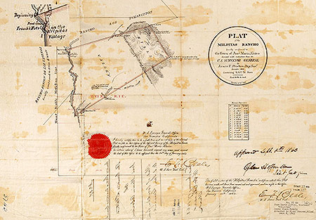 Historic Places José Maria de Jesus Alviso Adobe and Rancho Milpitas. This September 8th, 1863 map of Milpitas Rancho, documentation in José Maria Alviso’s probate court hearings, also marks the location of “Milpitas Village” in the northwest corner of the Rancho (see the inset enlargement in the upper corner).